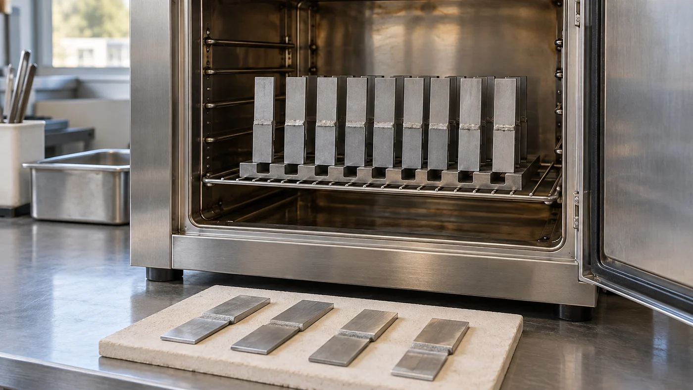 Open stainless steel laboratory oven with a rack of bonded aluminium lap-shear test coupons on a wire shelf and more bonded coupons cooling on a ceramic tile in front