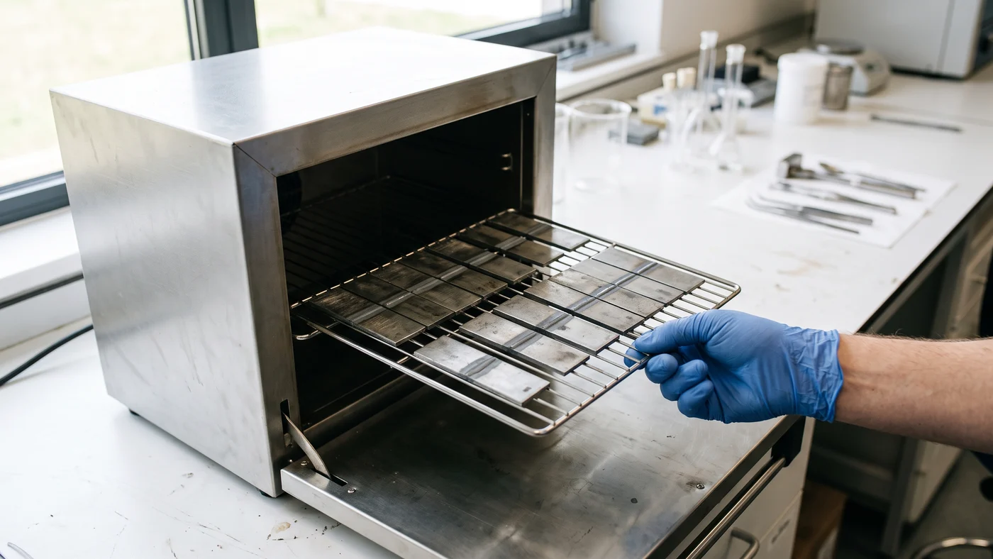 Gloved hand sliding a rack of bonded steel lap-shear coupons into an open stainless steel lab oven