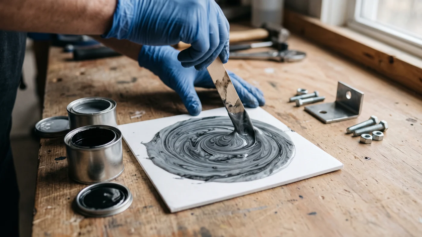 Gloved hands mixing grey epoxy resin and black hardener with a wooden stick on a white mixing pad beside two open plain tins