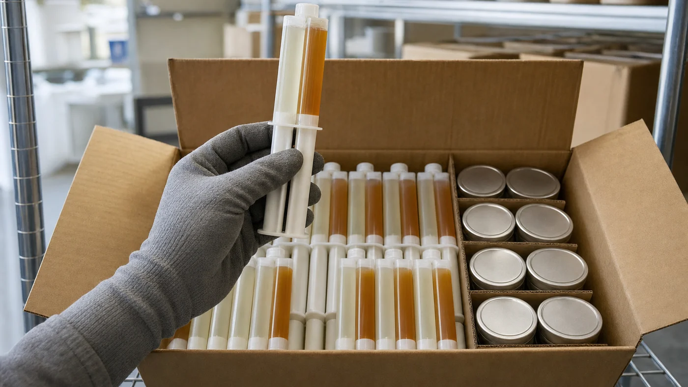 Open carton of plain twin-barrel epoxy syringes and paired plain resin and hardener tins on a stockroom shelf, gloved hand lifting one syringe