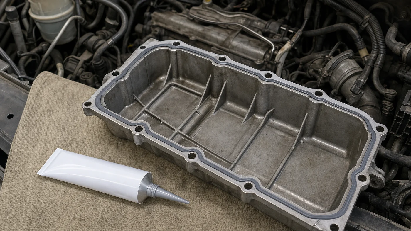 Open engine bay with a plain unmarked high-temperature silicone gasket-maker tube beside a cleaned metal oil-pan flange with a thin grey sealant bead
