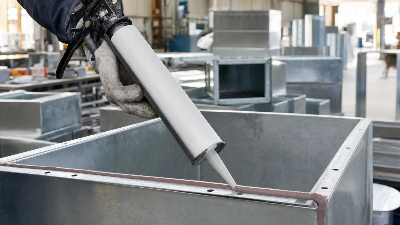 Gloved hand tooling reddish-grey high-temperature silicone sealant along a galvanized steel HVAC duct joint flange with a caulking gun