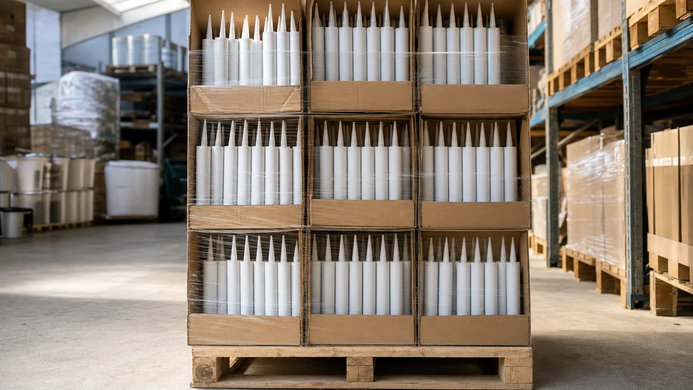 Warehouse pallet of plain brown cartons filled with unlabeled high-temperature silicone sealant tubes under skylight lighting
