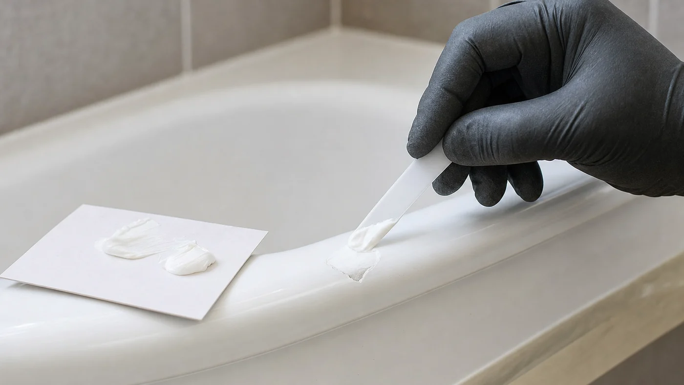 Gloved hand pressing white repair compound into a small chip on the rim of a glossy white bathtub with a plastic spatula, a white mixing card with two dabs of paste on the tub edge