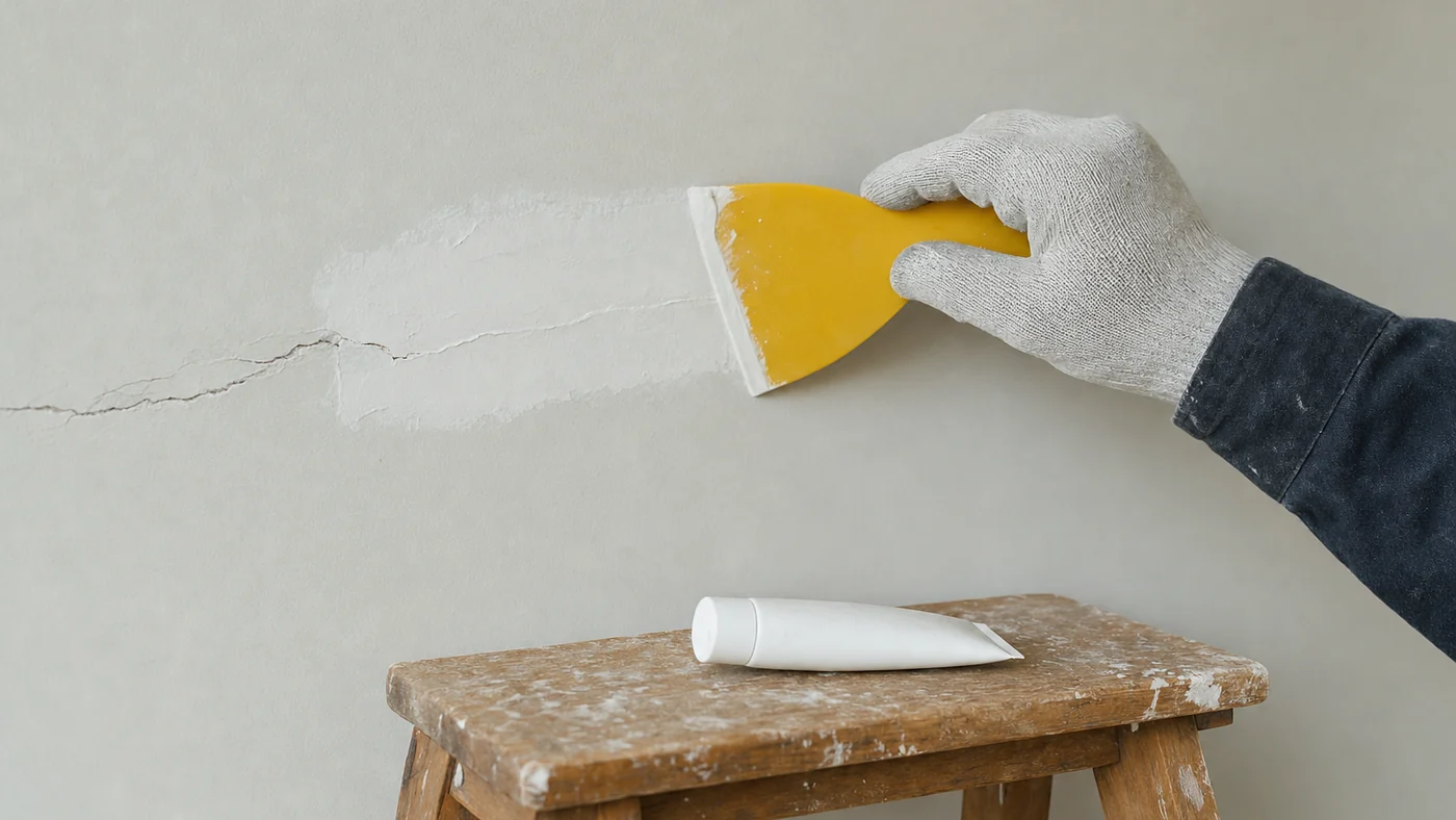 Gloved hand drawing a yellow plastic scraper across white patching paste over a crack in a light grey painted wall, a plain white tube on a wooden step stool below