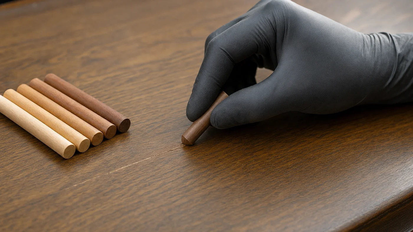 Gloved hand pressing a brown wax filler stick into a fine scratch on a walnut-finish tabletop, a row of wax sticks in light to dark wood tones beside it
