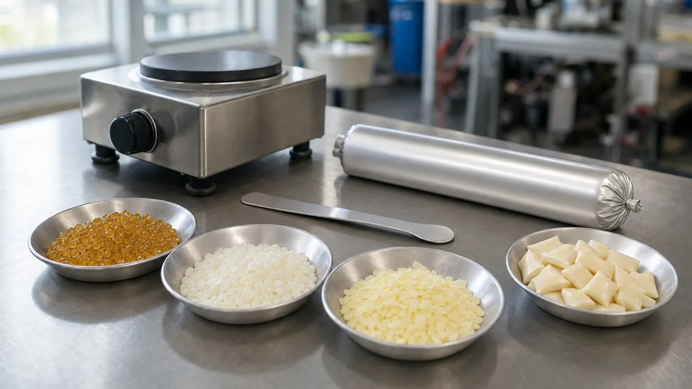 Four dishes of hot melt adhesive in different forms (amber pellets, white pastilles, pale chips, and pillows) beside a sealed foil cartridge on a stainless lab bench