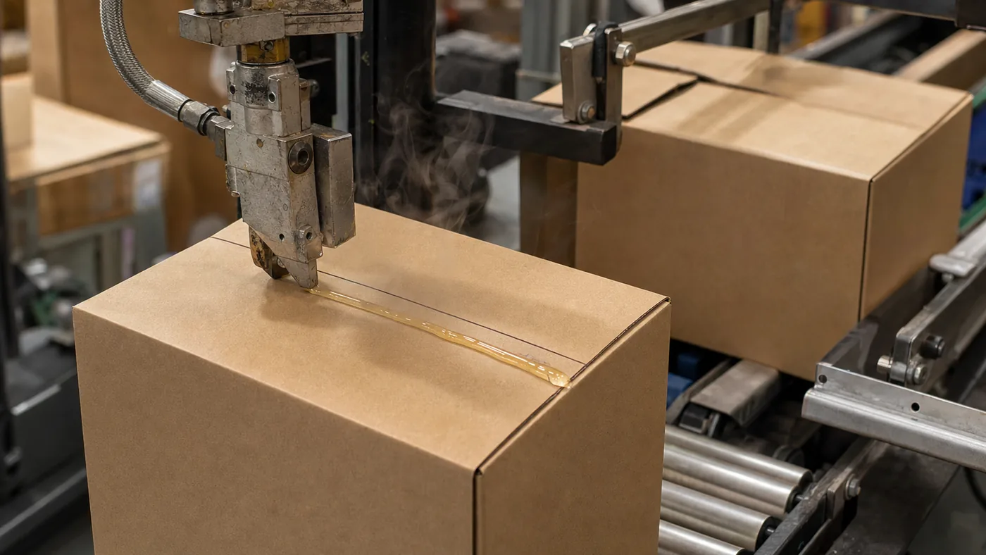 Hot melt applicator nozzle laying a bead of molten glue on a corrugated carton flap on a case-sealing line