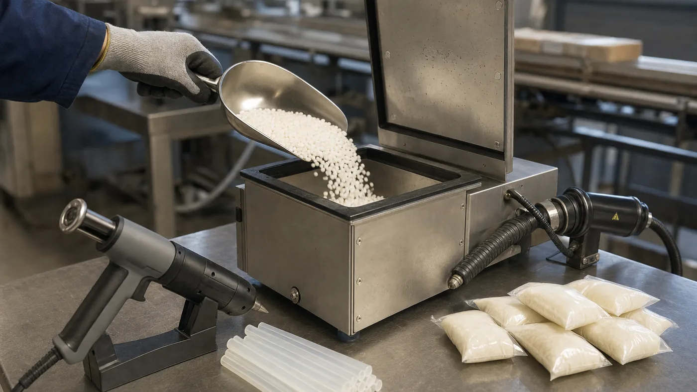 Gloved hand scooping hot melt pellets into a tank melter, with a hot melt gun, glue sticks, and bagged hot melt pillows on the workbench
