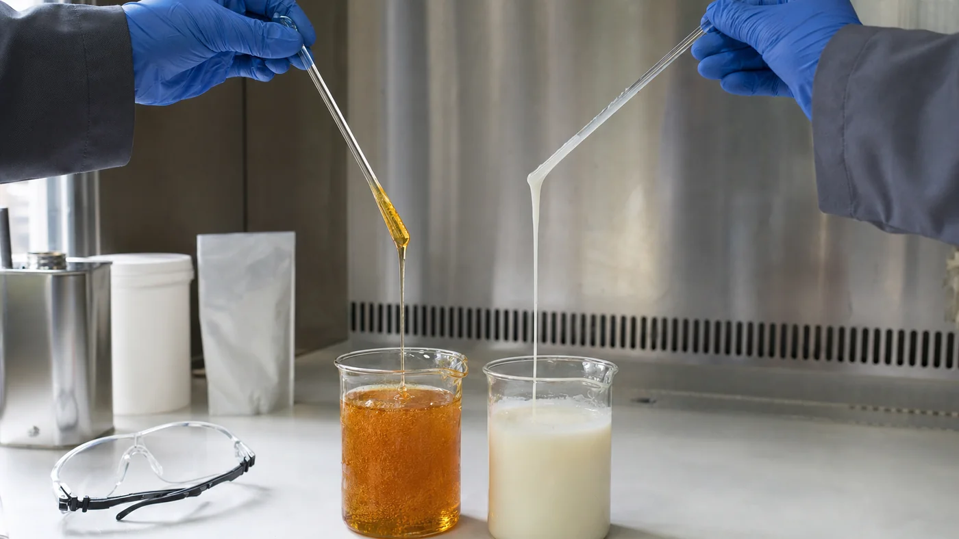 Two glass beakers in a lab fume hood, one with amber solvent-based contact adhesive and one with milky white water-based adhesive, with a gloved hand lifting a stirring rod
