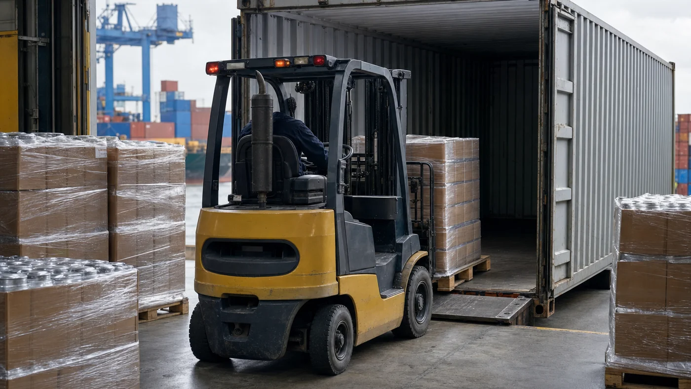 Forklift driving a shrink-wrapped pallet of brown cartons into an open steel shipping container at a port dock, with more wrapped pallets of plain cans waiting beside it
