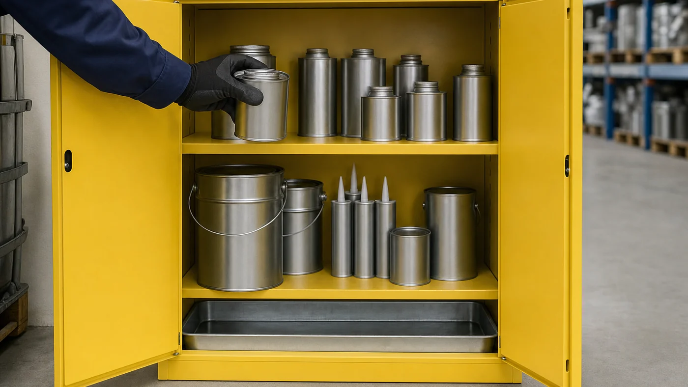 Gloved hand placing a plain metal adhesive can on a shelf inside an open yellow steel safety storage cabinet with a spill tray in a distributor warehouse
