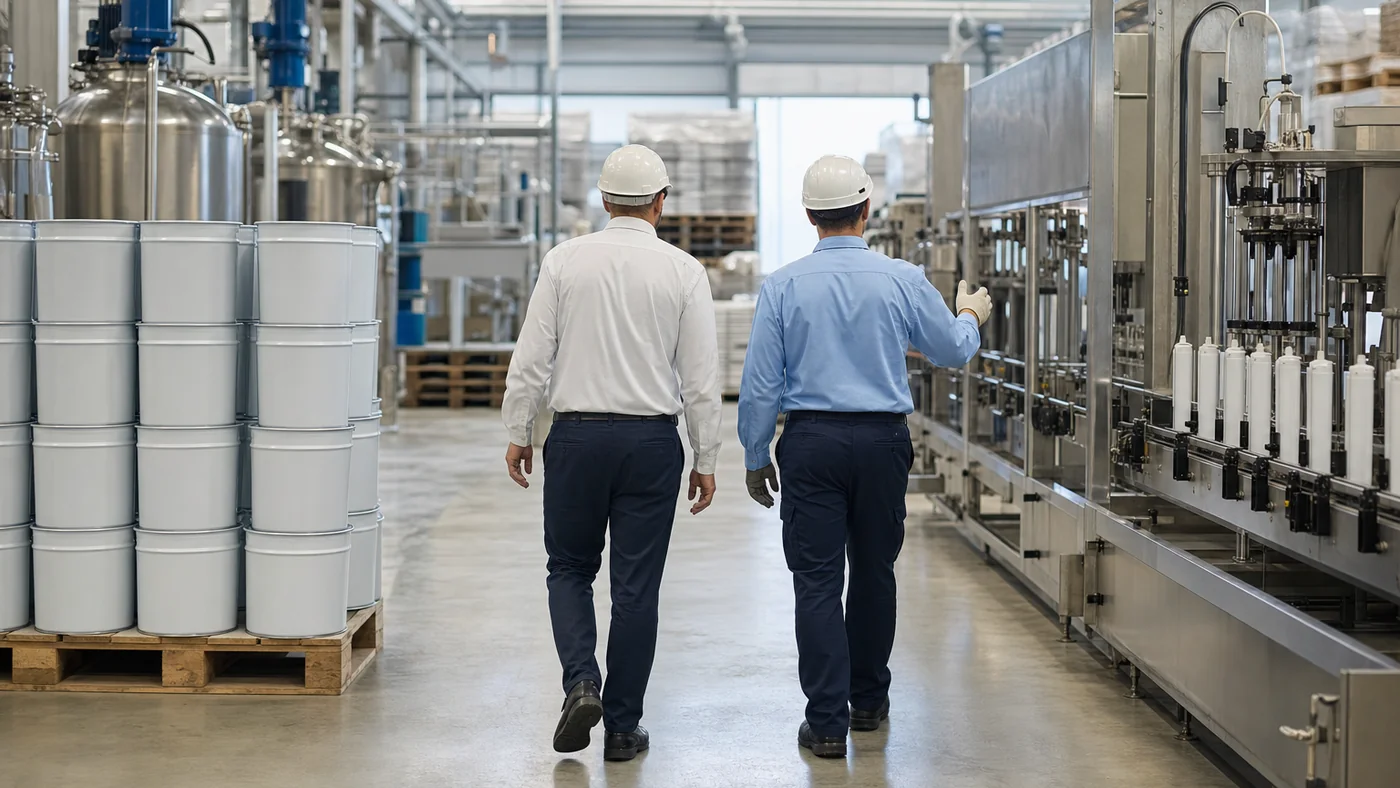 Visitors walking a clean adhesive plant aisle past stainless mixing vessels and a cartridge filling line with plain unmarked pails on a pallet