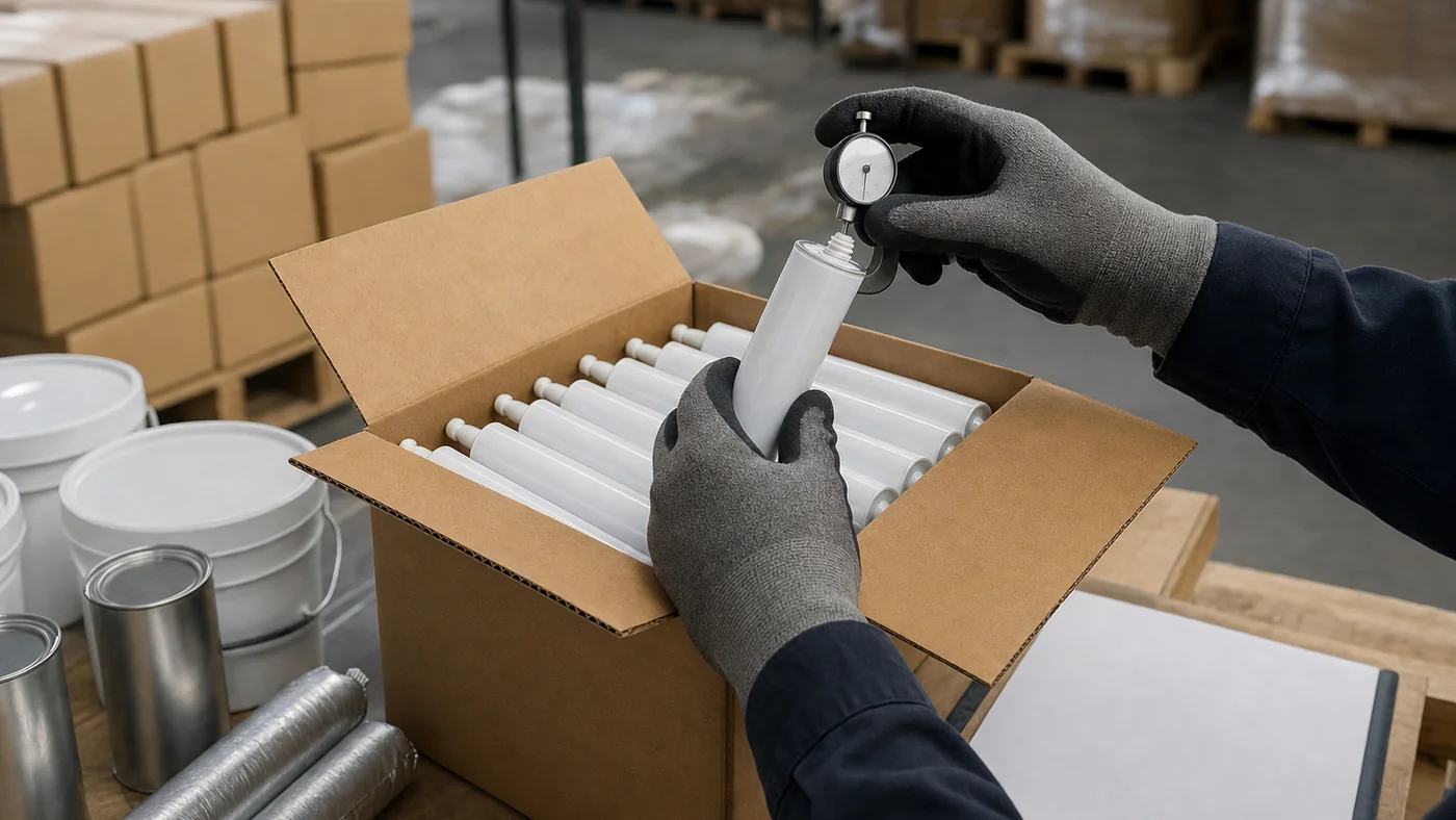 Gloved hands inspecting plain unmarked silicone cartridges from an open brown carton at an export QC desk