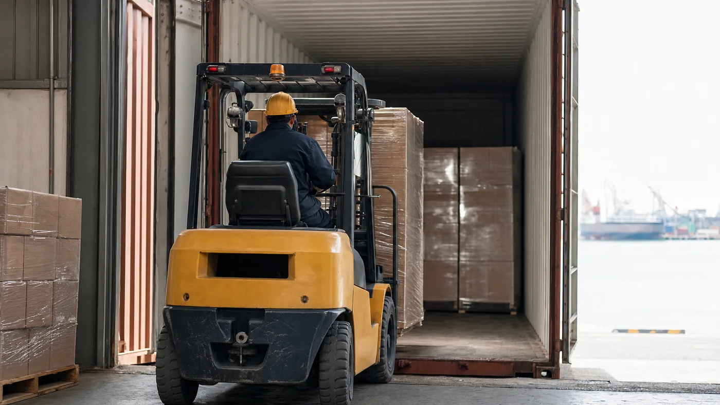 Forklift loading shrink-wrapped pallets of plain brown cartons into a shipping container at an adhesive factory dock