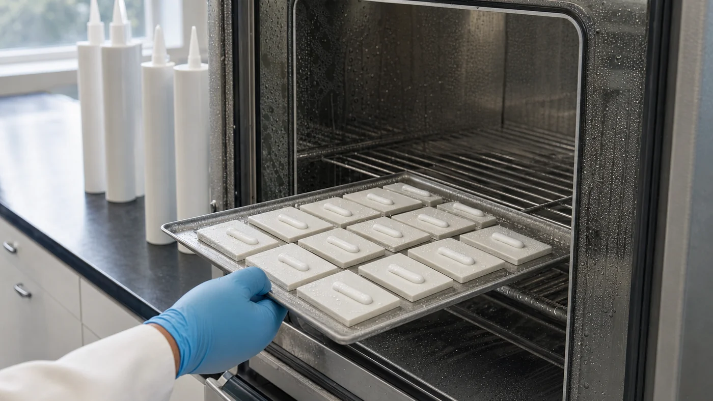 Gloved hand sliding a tray of white glazed tile coupons, each carrying a cured bead of white silicone, into a stainless humidity test cabinet with condensation on the door, plain white cartridges on the bench