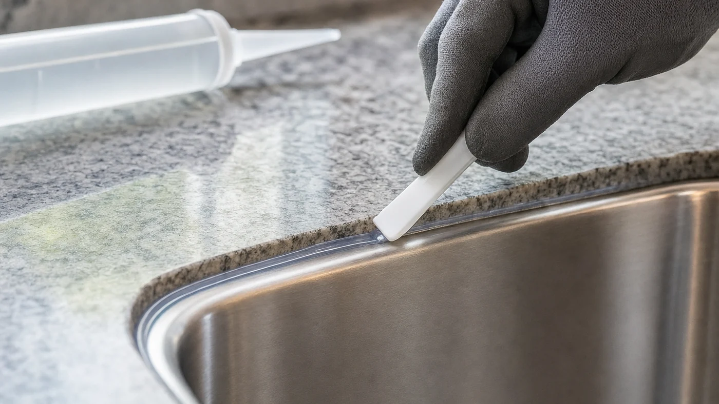 Gloved fingertip smoothing a fresh bead of clear silicone with a small plain plastic tool along the joint between an undermount stainless-steel sink and a grey granite countertop, a plain clear cartridge on the counter