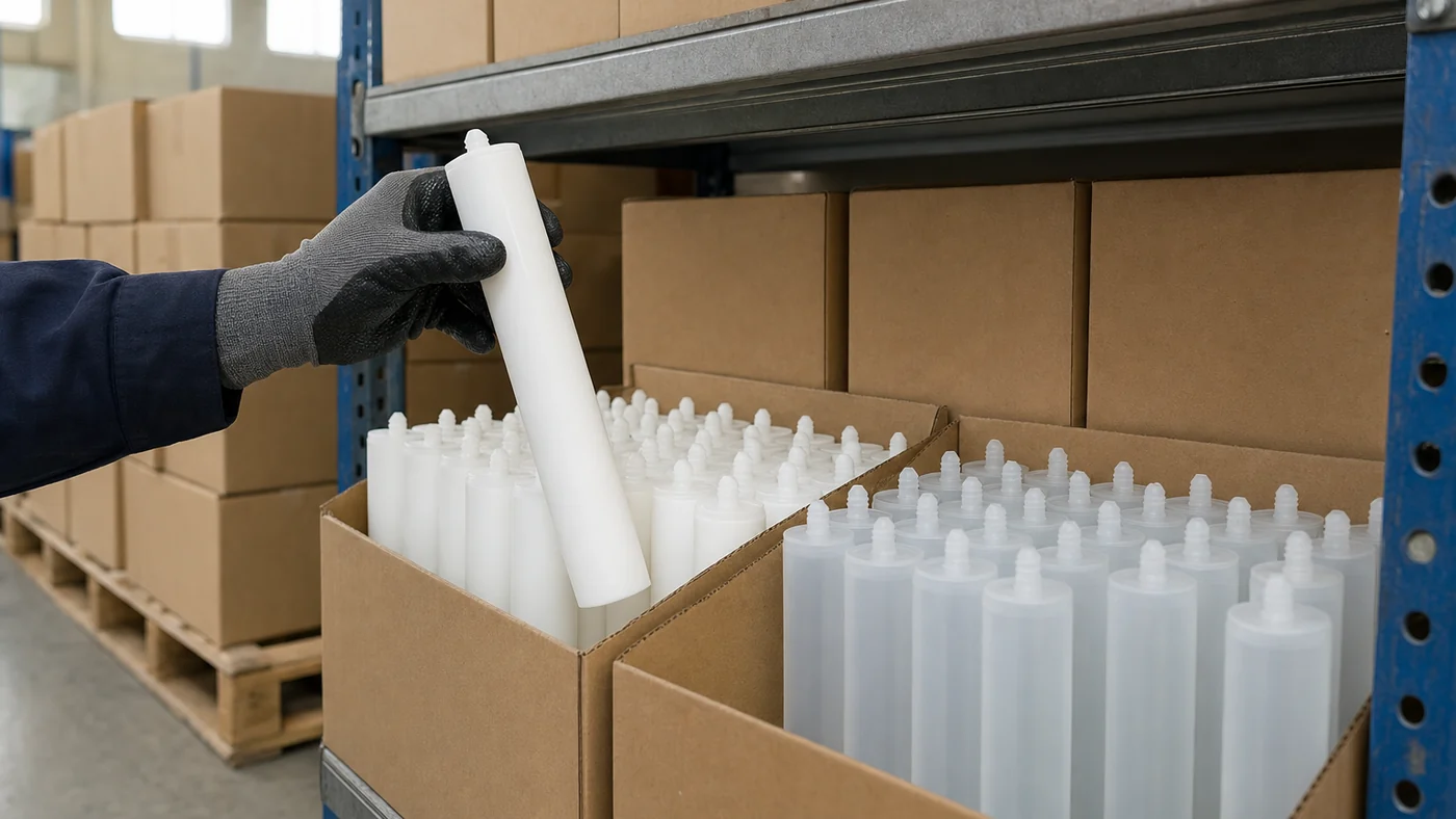 Gloved hand lifting a plain white silicone cartridge from an open carton of upright white cartridges on a warehouse shelf, a second carton of translucent cartridges beside it and stacked cartons on a pallet behind