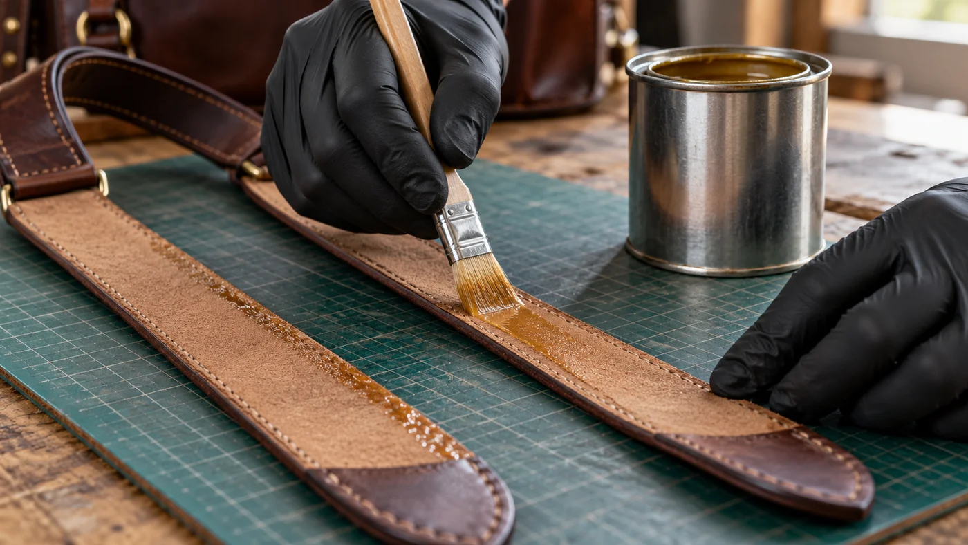 Gloved hand brushing a thin even coat of contact cement along the edge of the flesh side of a brown leather strap, a second strap with a dull tacky coat beside it and an open unmarked can