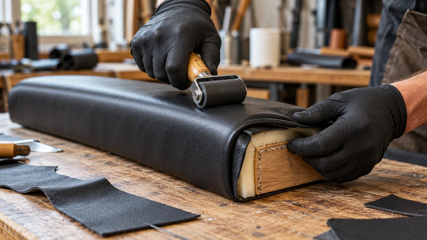Two gloved hands wrapping soft black leather around the rounded edge of a foam-padded wooden armrest panel and pressing it down with a small rubber hand roller