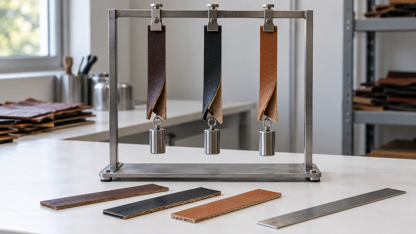 Bonded leather test strips hanging from clips on a metal stand, each partly peeled at the bottom with a small steel weight hanging from the free end, more bonded strips on a white bench