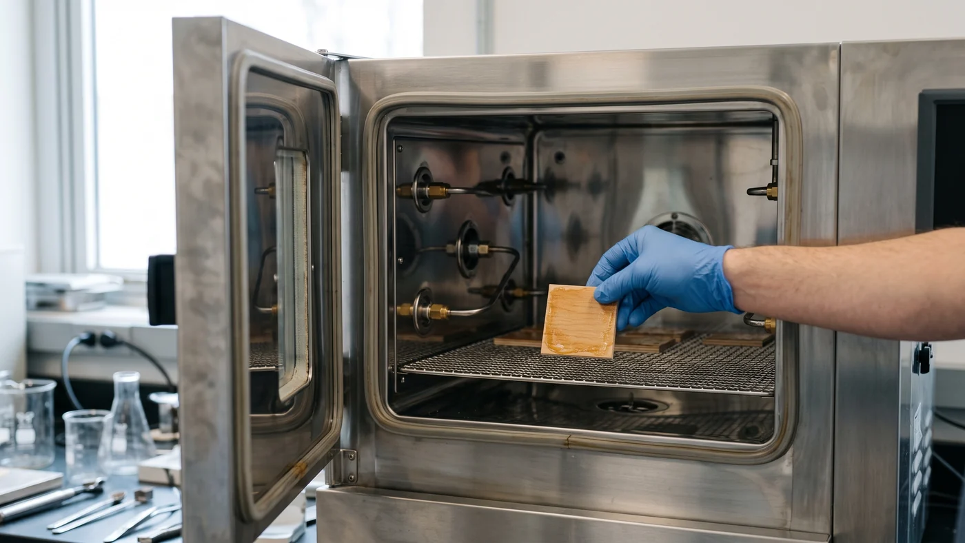Gloved hand placing a small adhesive-coated board sample on a rack inside an open stainless steel environmental test chamber in a materials lab