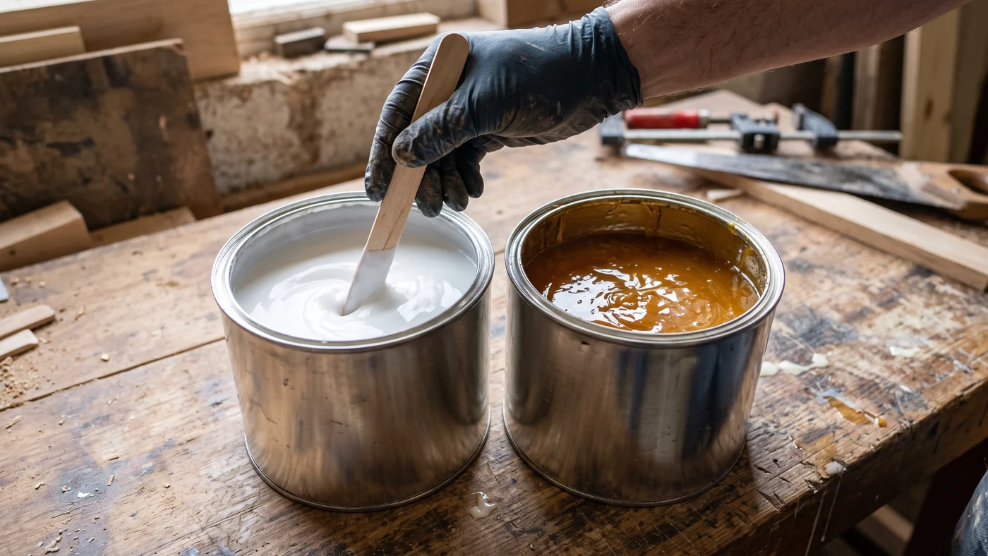 Two plain unmarked open pails on a workshop bench, one holding milky white water-based adhesive and one holding amber solvent-based adhesive, gloved hand stirring the white one with a wooden stick