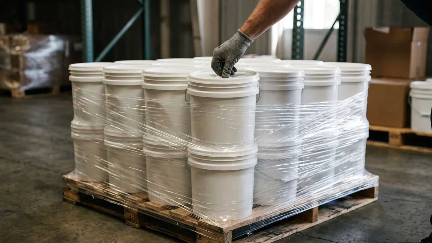 Shrink-wrapped pallet of plain white unmarked pails of water-based adhesive in a warehouse, gloved hand pressing down on one pail lid to check the seal