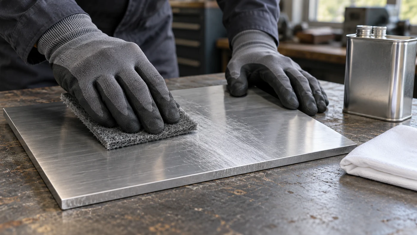 Two gloved hands abrading a brushed aluminium plate with a grey abrasive pad, a folded white cloth and a plain unmarked metal solvent can beside it