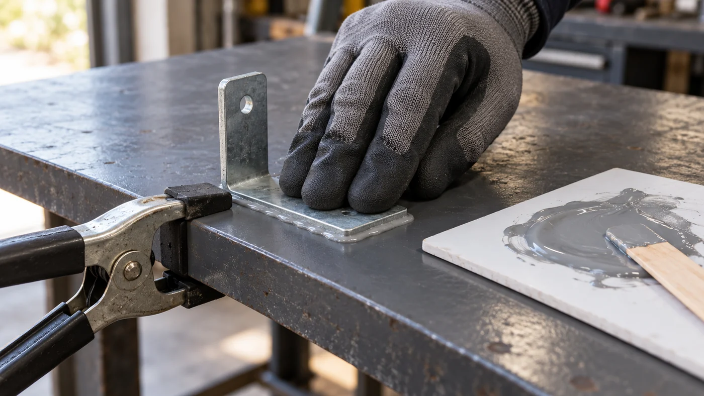 Gloved hand pressing the foot of a galvanised steel L-bracket flat onto a dark steel bench top with grey epoxy squeeze-out, a spring clamp at the bench edge holding it and mixed grey epoxy with a wooden spatula on a card beside it