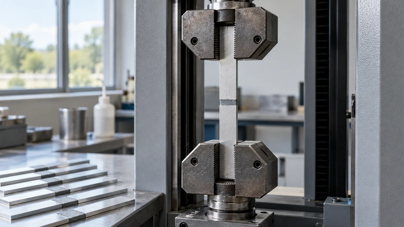 Bonded aluminium lap-shear specimen held between the serrated grips of a tensile testing machine with more bonded aluminium strips on the bench