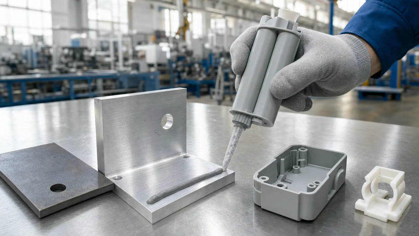 Gloved hand dispensing grey two-part epoxy from a dual cartridge with a static mixer onto an aluminium bracket, beside a steel plate, an ABS housing and a PP clip on a factory bench