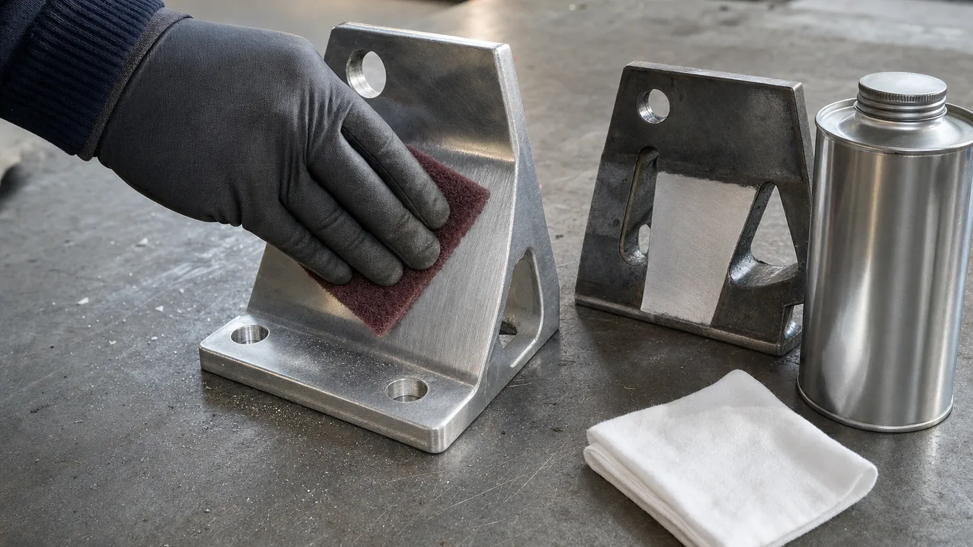 Gloved hand scuffing the bonding face of an aluminium bracket with an abrasive pad, next to an abraded steel bracket, a solvent wipe and a plain solvent can