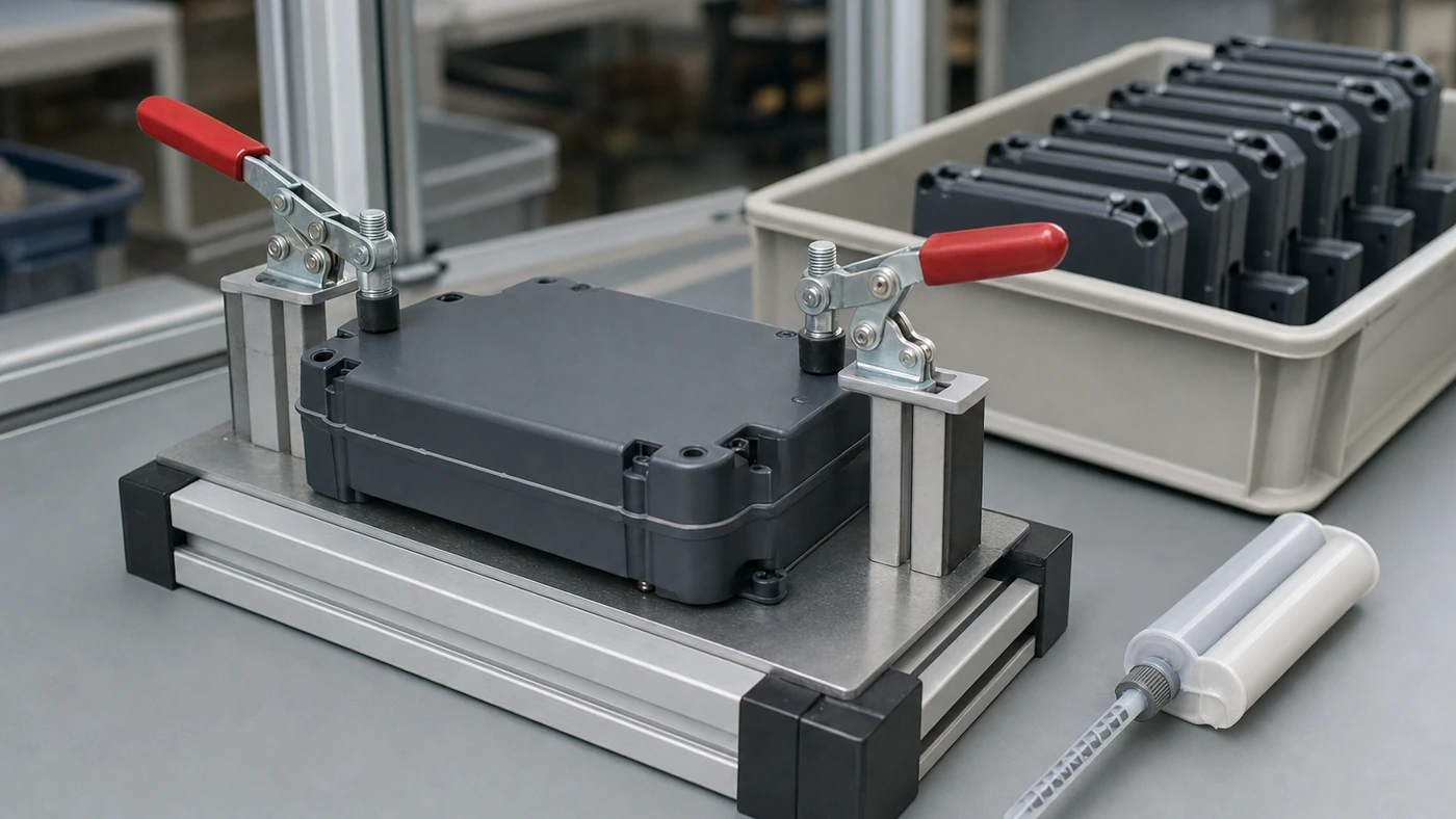 Dark grey ABS/PC plastic enclosure held closed in an aluminium toggle-clamp fixture while the epoxy seam cures, with bonded housings in a tray and a dual cartridge nearby