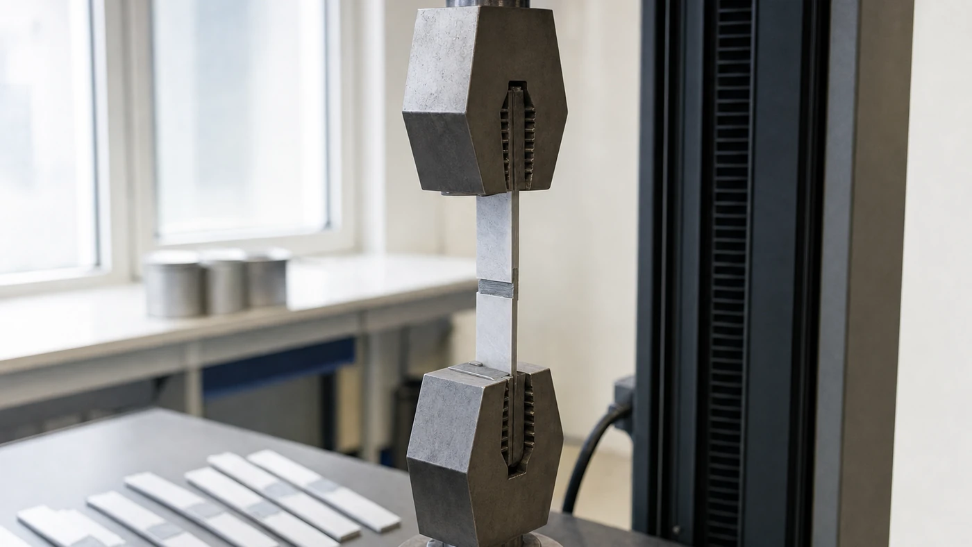 Epoxy-bonded aluminium lap-shear coupon clamped in the wedge grips of a tensile testing machine, with more test coupons on the lab bench