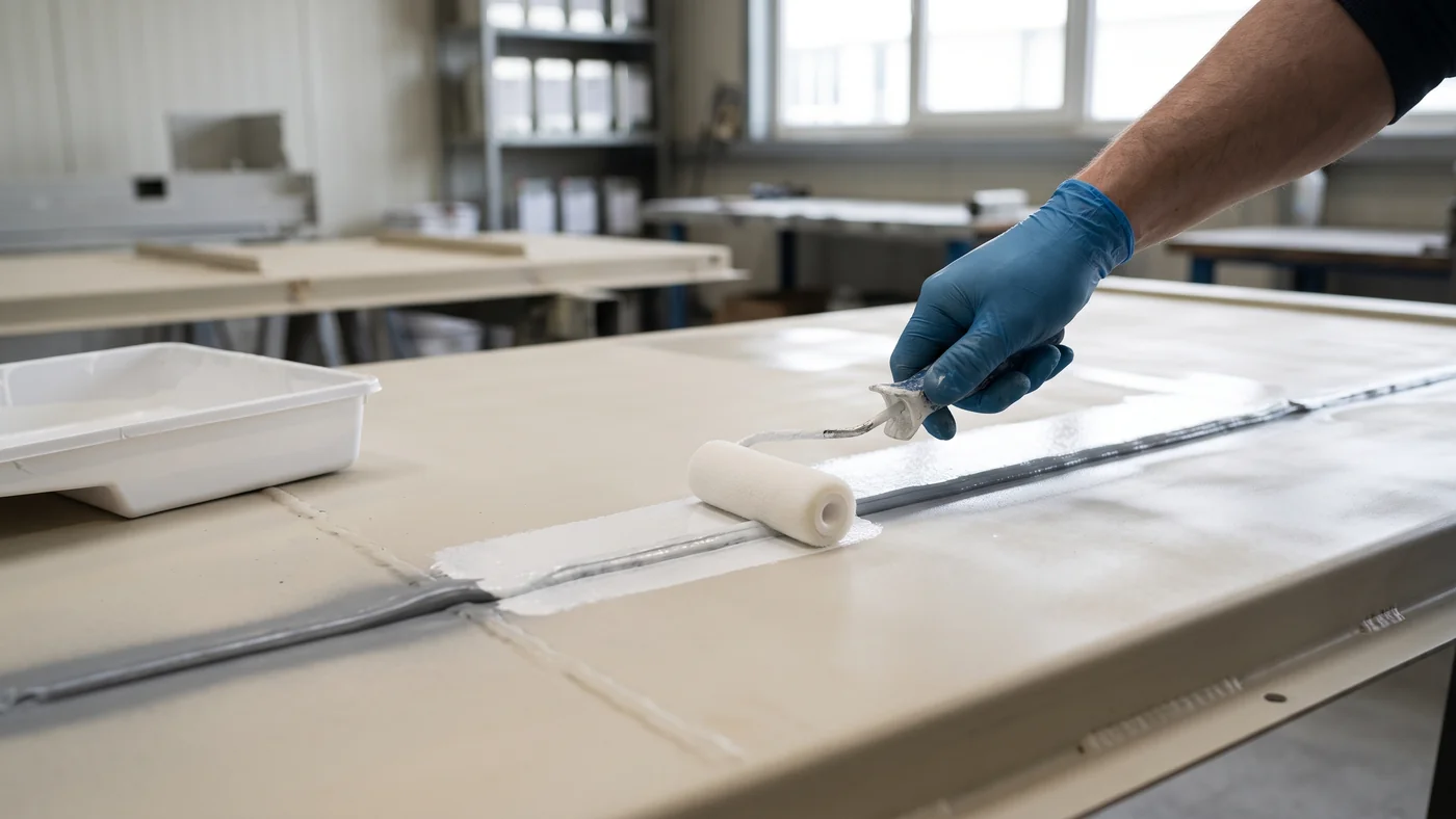 Gloved hand rolling white paint over a cured grey sealant joint on a primed metal panel in a workshop