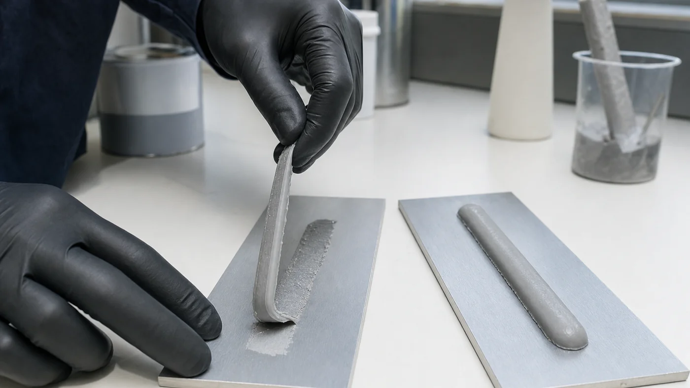 Gloved hands peeling a cured strip of grey hybrid sealant from an anodised aluminium coupon on a white lab bench, a fully bonded coupon beside it