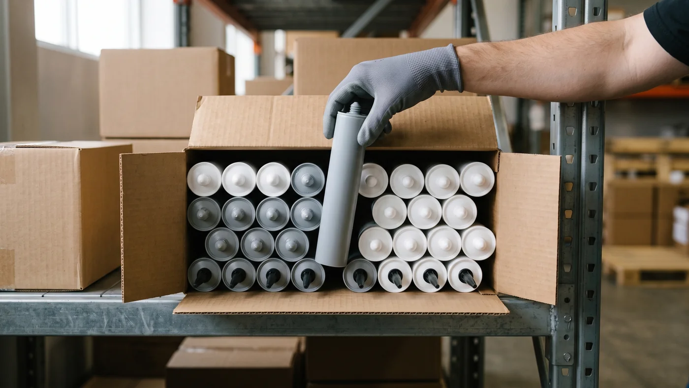 Open carton of plain white and grey sealant cartridges on a warehouse shelf, a gloved hand lifting one grey cartridge