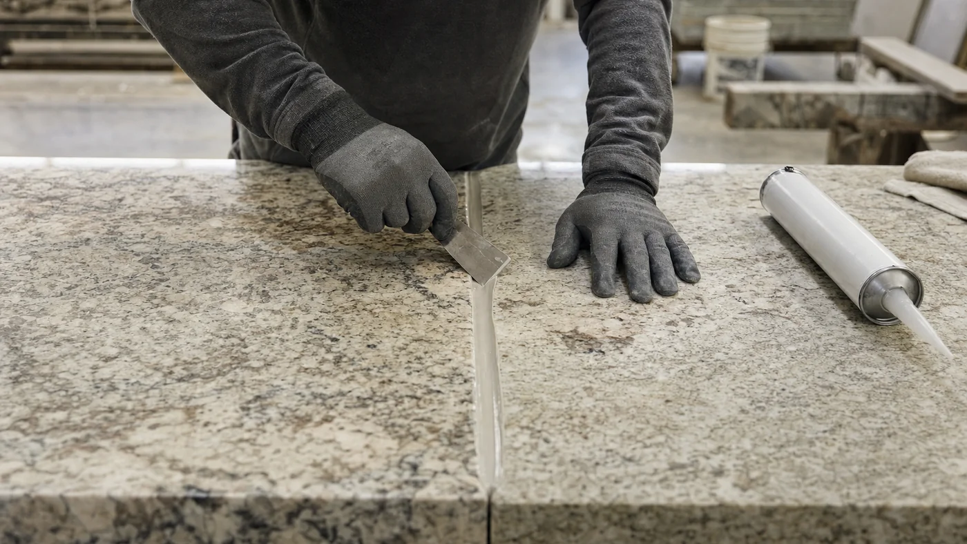 Gloved hands tooling pale neutral silicone along a joint between polished granite panels on a workshop bench