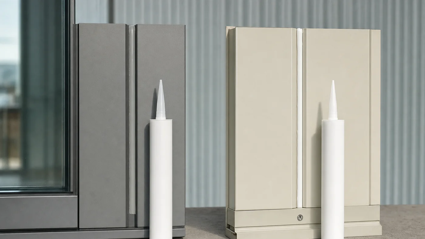 Side-by-side facade bench: aluminium frame with a clear neutral silicone joint beside a painted metal panel with a white silicone joint, plain unmarked cartridges