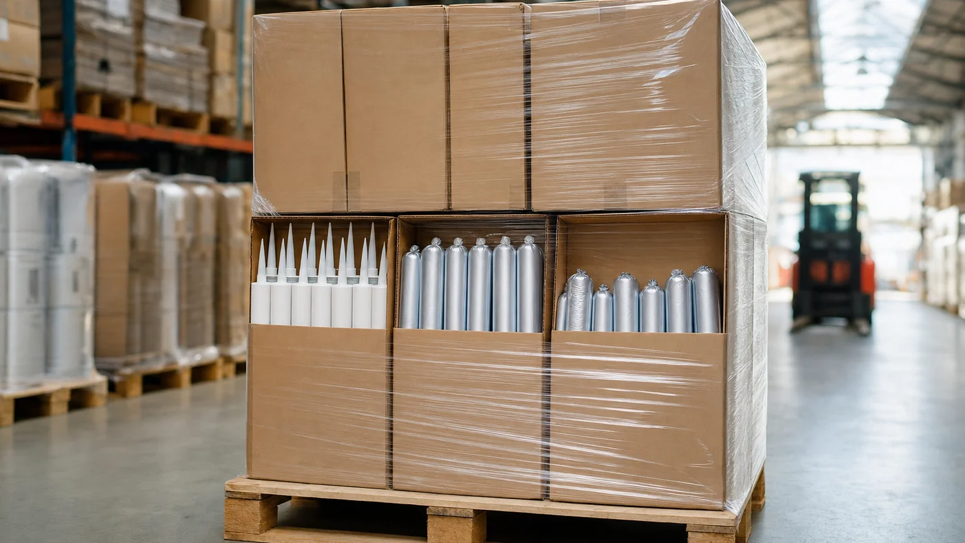 Warehouse aisle with shrink-wrapped pallet of plain unmarked silicone sealant cartridges and sausages in brown cartons