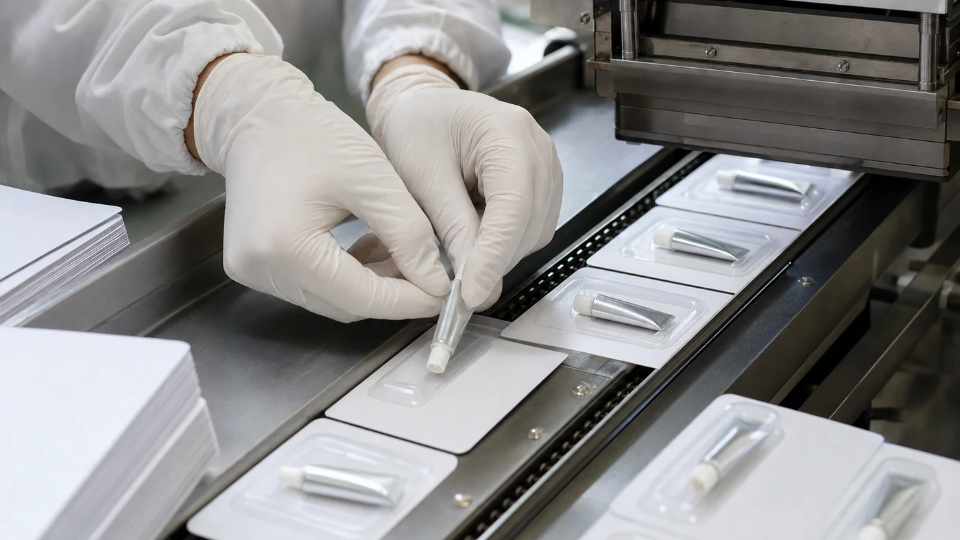 Gloved hands placing small plain aluminium glue tubes into clear blisters on blank white cards on a heat-sealing packaging line