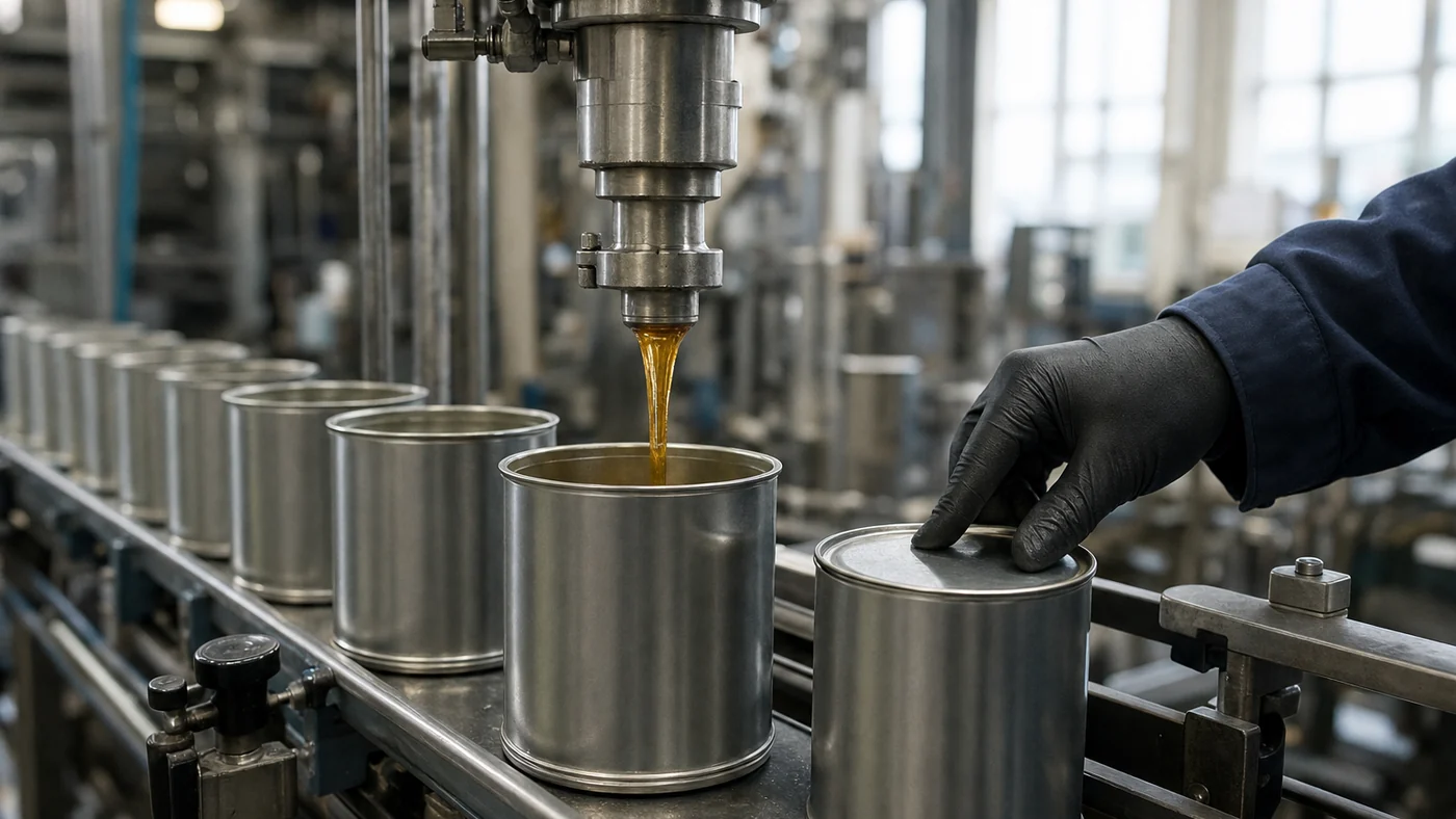Plain silver tin cans on a conveyor being filled with amber contact adhesive under a stainless nozzle while a gloved hand fits a lid