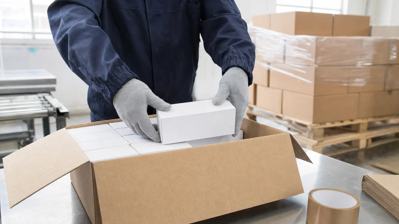 Gloved hands packing plain white inner boxes into a brown master carton beside a shrink-wrapped pallet in an export packing area