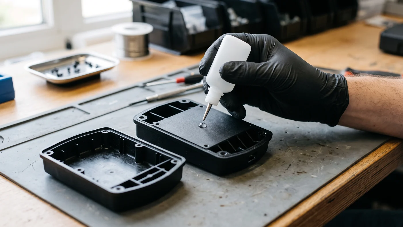 Gloved hand placing one small clear drop from a plain white instant glue bottle onto the mating face of a black plastic housing part on a grey bench mat