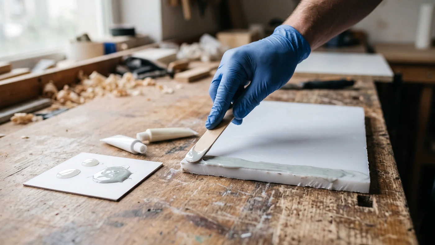 Gloved hand spreading freshly mixed grey two-part epoxy with a wooden spatula along the edge of a white rigid plastic panel, a mixing card beside it