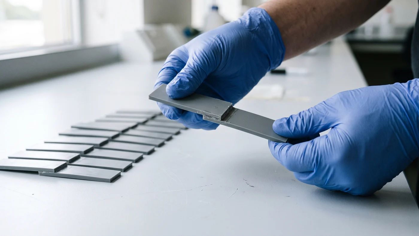 Two gloved hands flexing one bonded pair of grey plastic strips at both ends next to a row of bonded plastic test pieces on a white bench