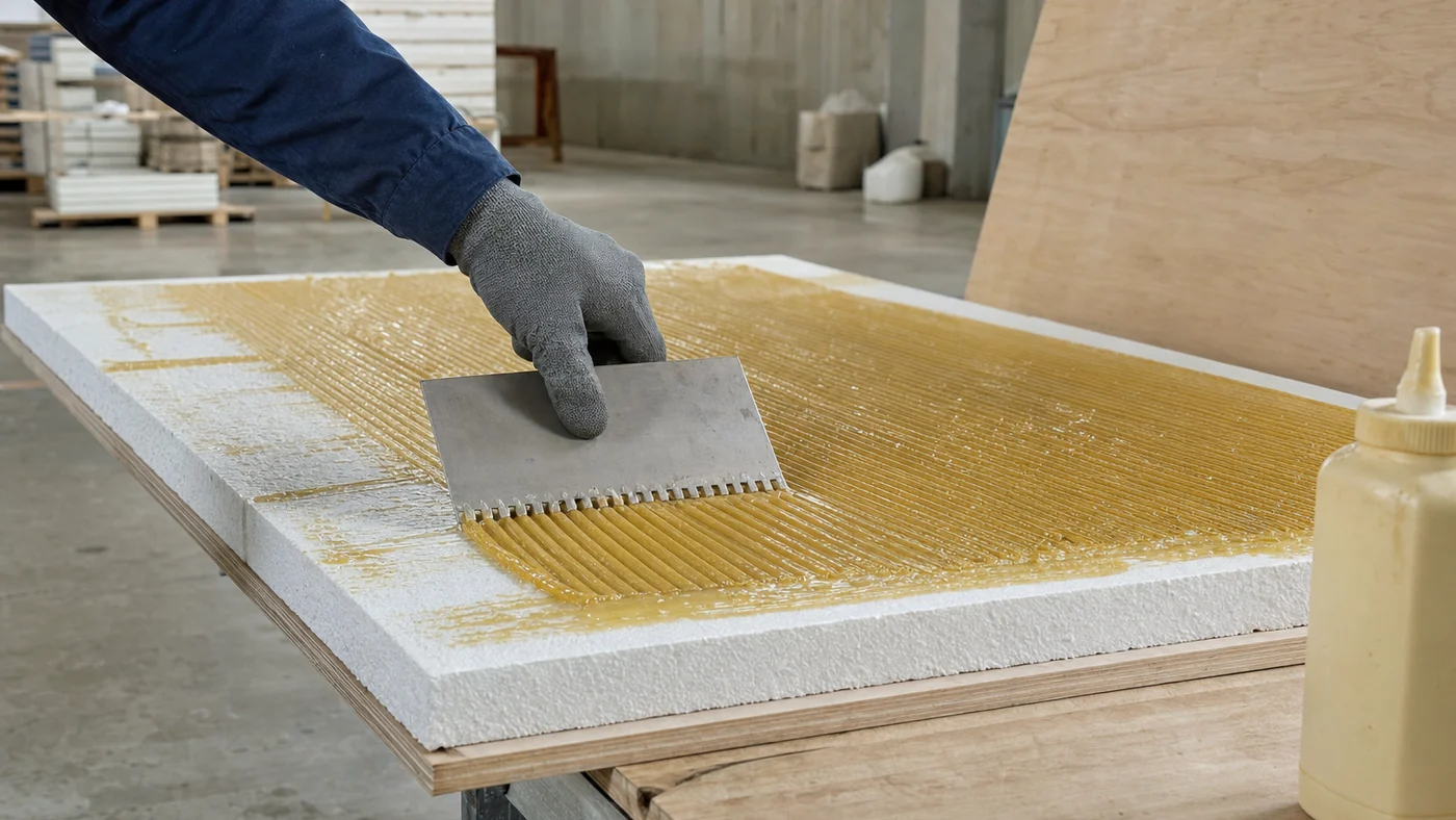 Gloved hand spreading honey-coloured polyurethane adhesive with a notched steel spreader across a white rigid foam board laid on plywood