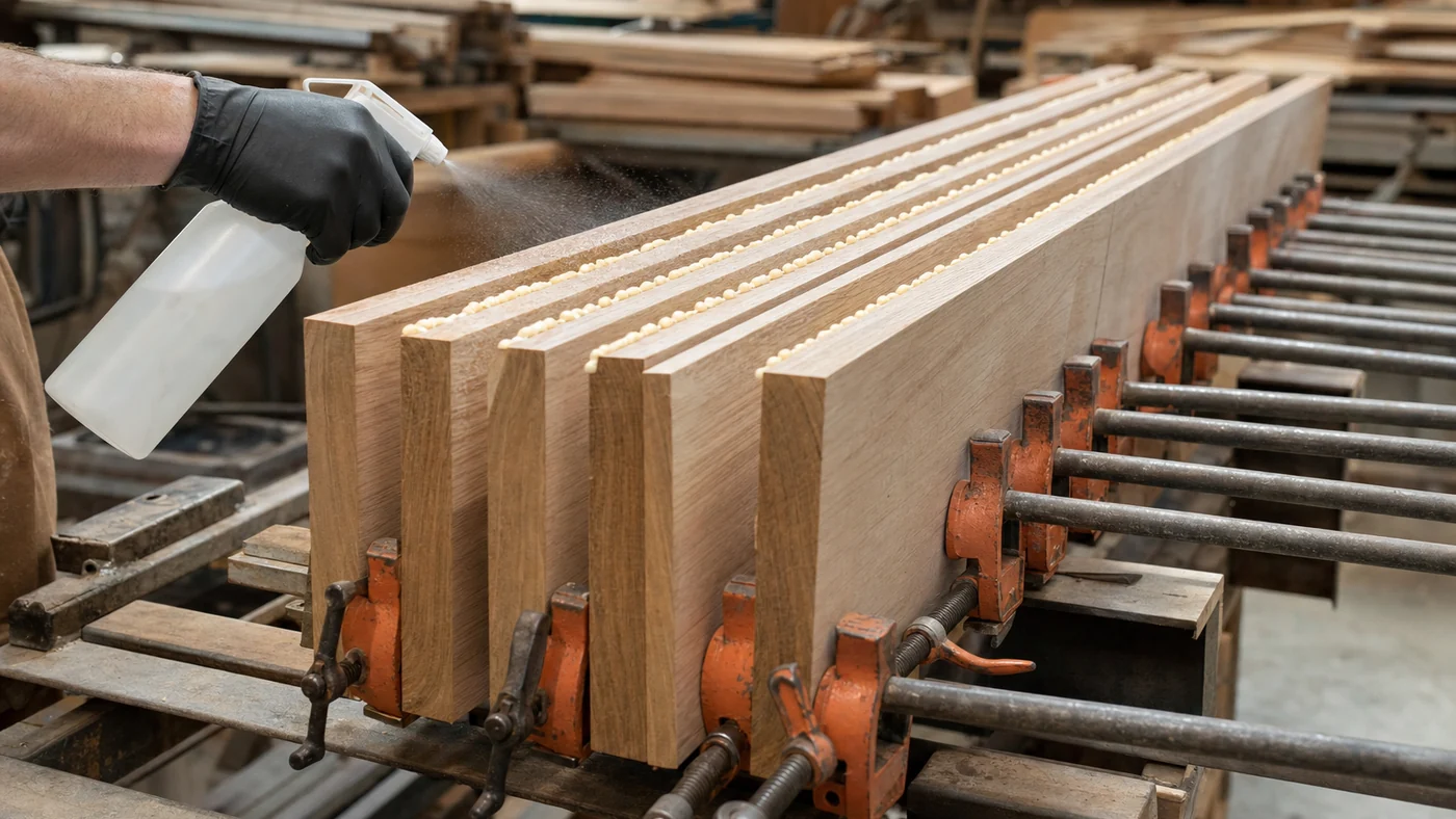 Row of solid oak boards held on edge in orange pipe clamps with small tan foam beads along each glue line, and a gloved hand misting water from a plain spray bottle