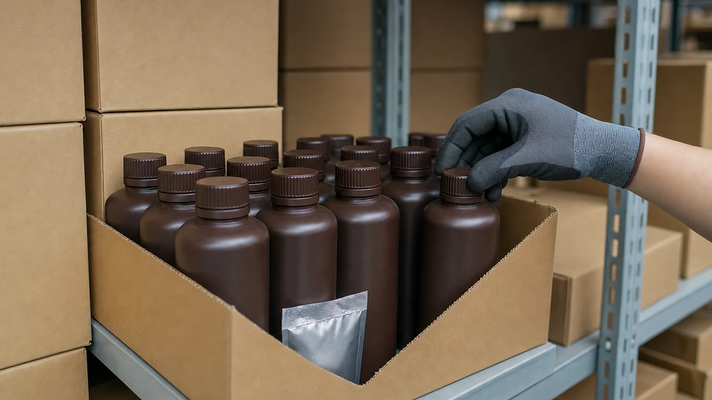 Steel warehouse shelf with sealed brown cartons and an open carton of plain dark-brown glue bottles with tightly closed caps and a sealed desiccant pouch, a gloved hand pressing a cap closed